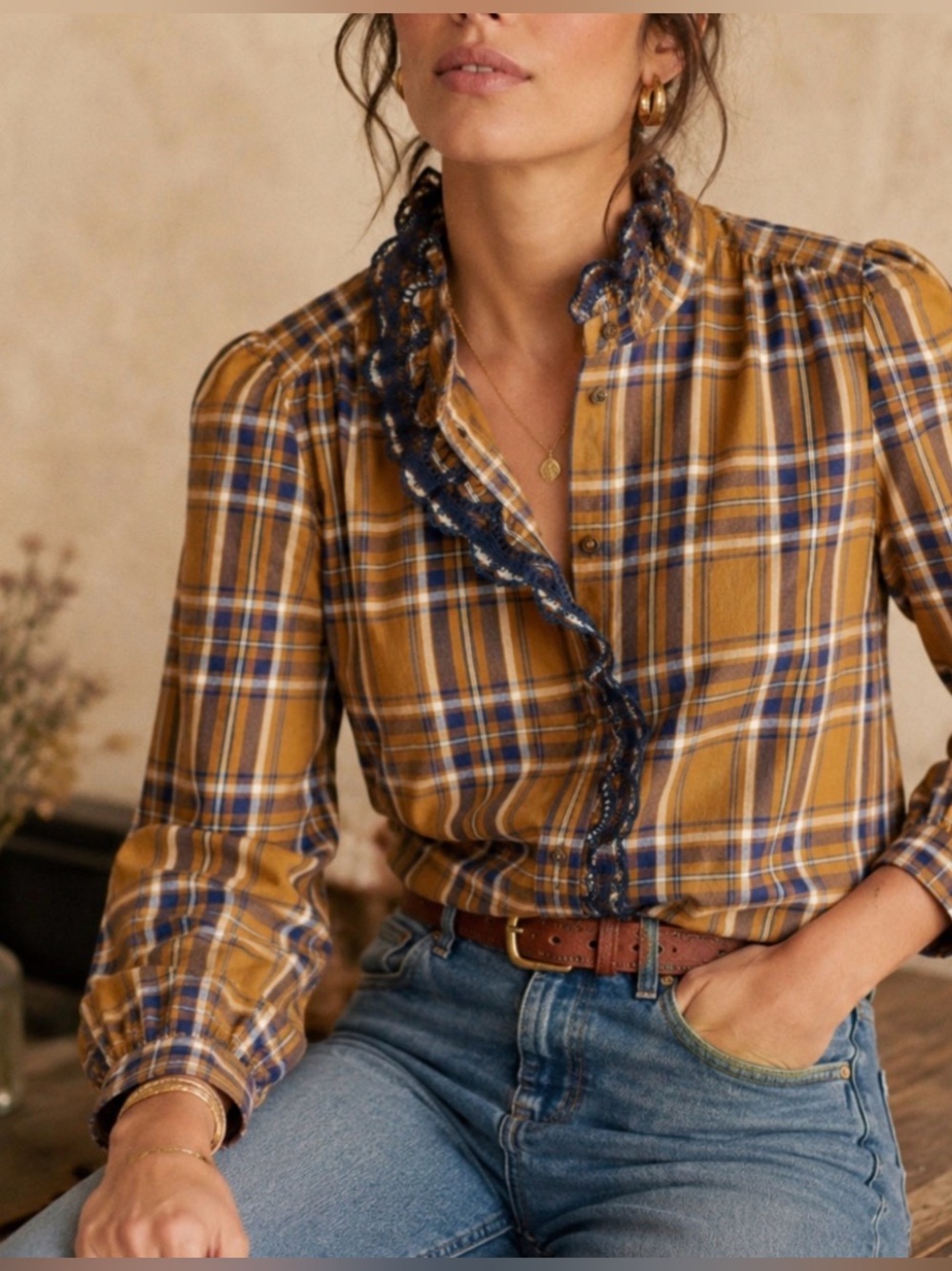 Sézane Chlo button down shirt, Ochre Checks, FR 34